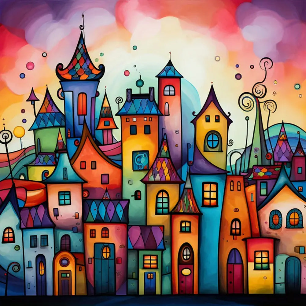 Color Cartoon Houses-Full Round Diamond Painting-30x30cm
