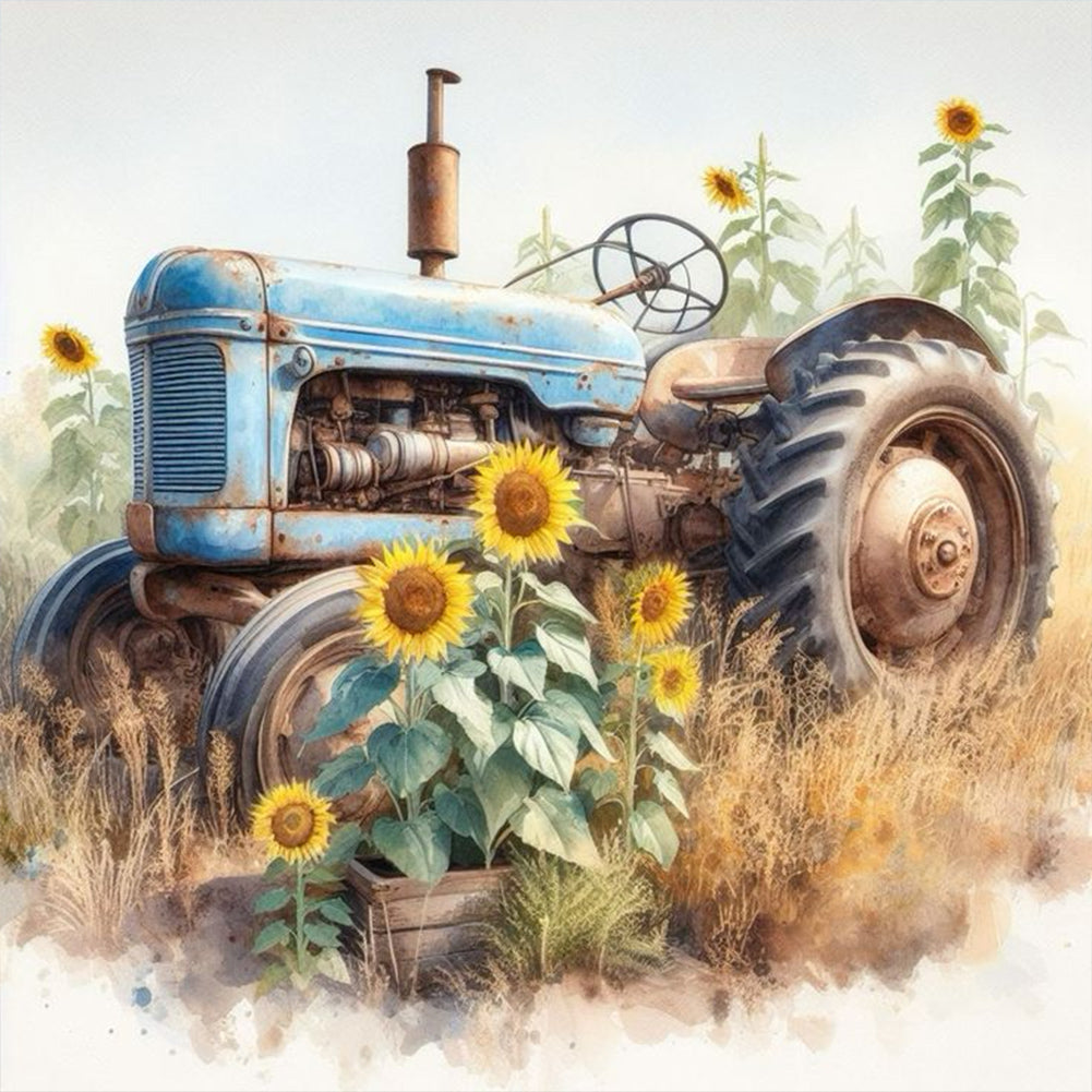 Sunflower Tractor-Full Round Diamond Painting-30x30cm
