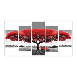 5-pictures Red Tree - Full Drill Diamond Painting - 95x45cm