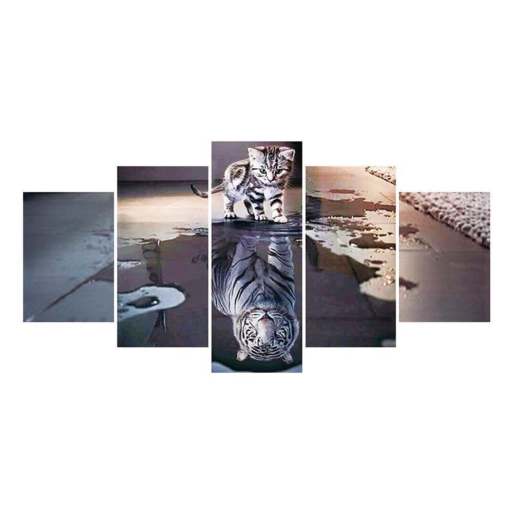 5-pictures Cat and Tiger - Full Drill Diamond Painting - 95x45cm