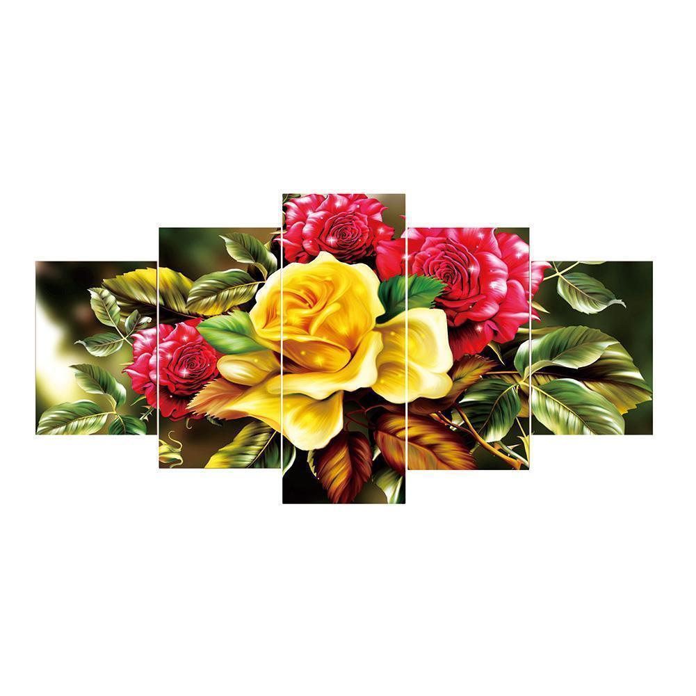 5-pictures Flowers - Full Drill Diamond Painting - 95x45cm