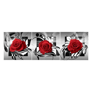 3-pictures Red Rose - Full Drill Diamond Painting - 95x34cm