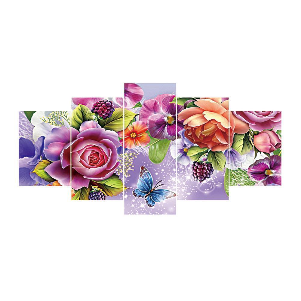 5-pictures Butterfly Flowers - Full Drill Diamond Painting - 95x45cm