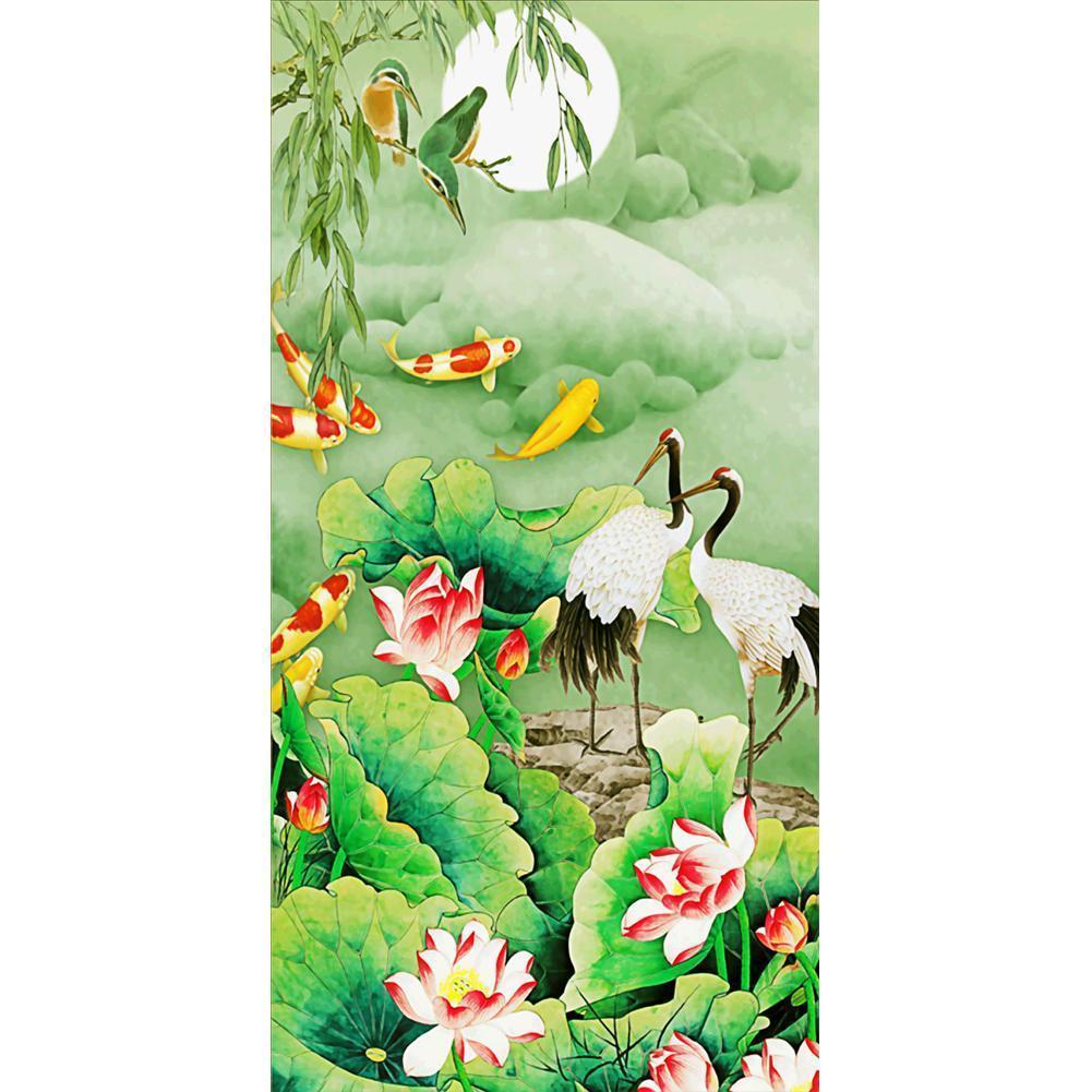 Lotus Pond and Crane - Full Drill Diamond Painting - 45x85cm