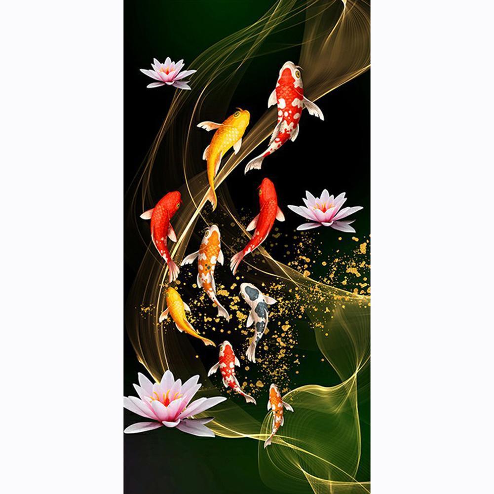 Nine Fish Lotus - Full Drill Diamond Painting - 45x85cm