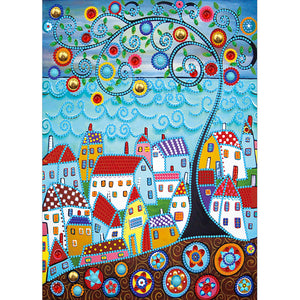 Colorful House Tree-Partial Special Luminous Diamond Painting-30x40cm
