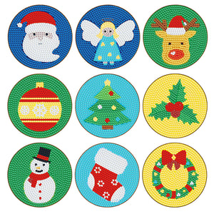 9pcs/set +1 storage rack-Christmas-Wooden Diamond Coaster