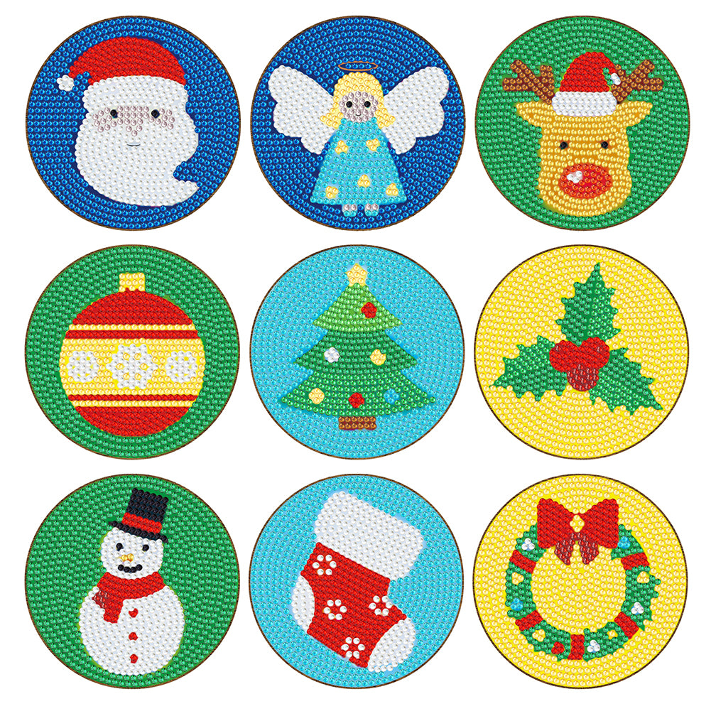 9pcs/set +1 storage rack-Christmas-Wooden Diamond Coaster