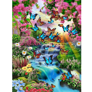 Butterfly Flower Waterfall-Full Round Diamond Painting-30x40cm