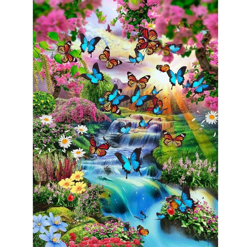 Butterfly Flower Waterfall-Full Round Diamond Painting-30x40cm