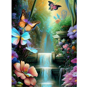 Butterfly Flower Waterfall-Full Round Diamond Painting-30x40cm
