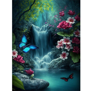 Butterfly Flower Waterfall-Full Round Diamond Painting-30x40cm