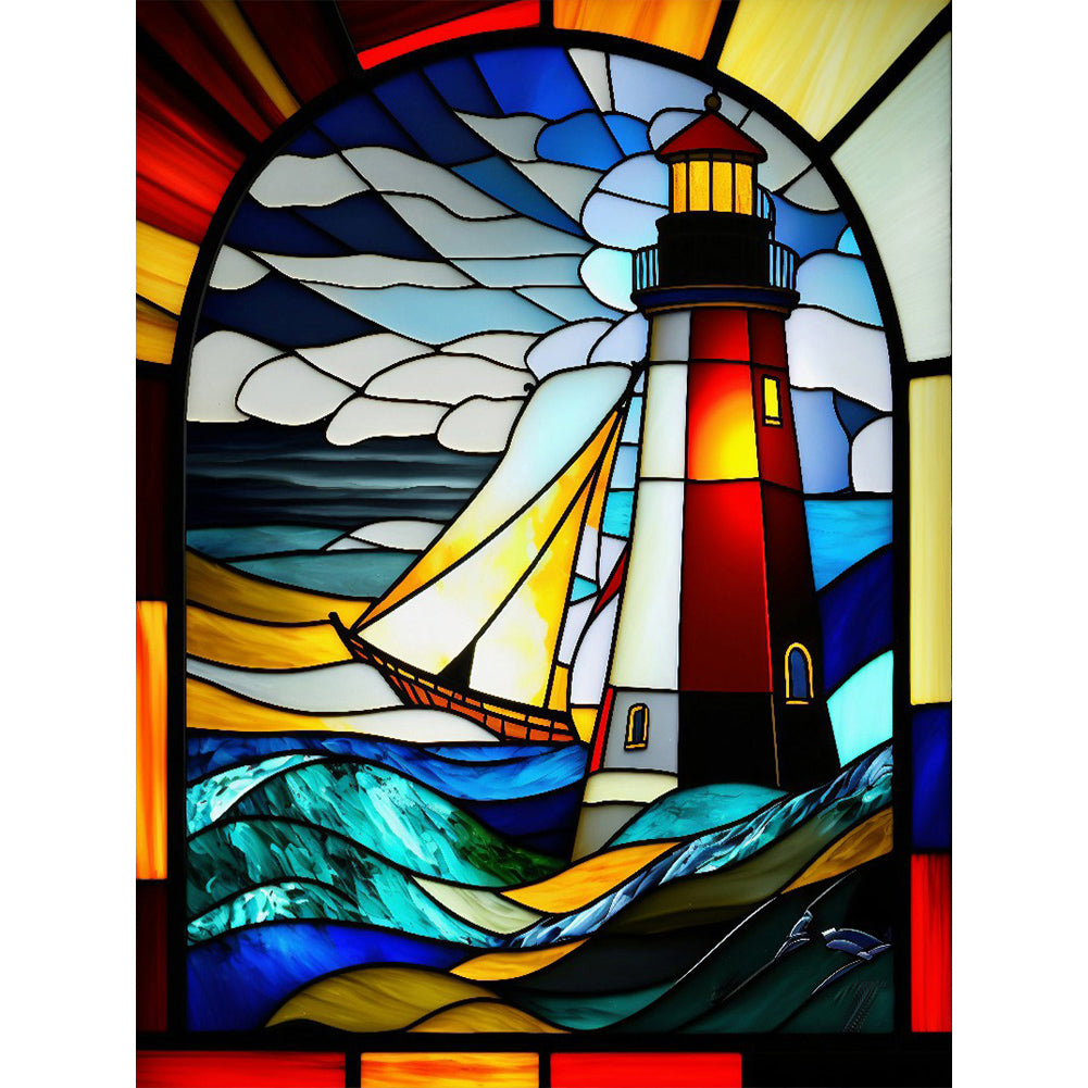 Stained Glass Lighthouse-Full Round Diamond Painting-30x40cm