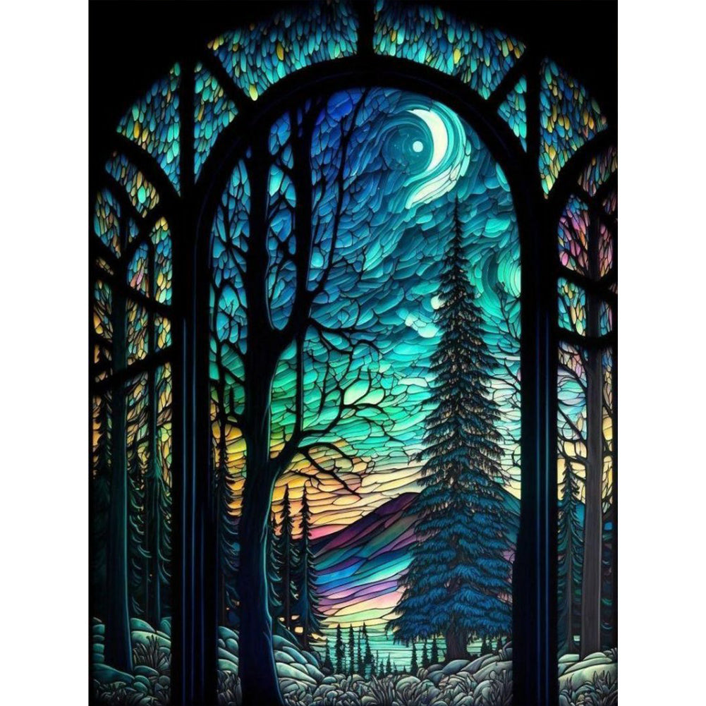 Stained Glass Forest-Full Round Diamond Painting-30x40cm