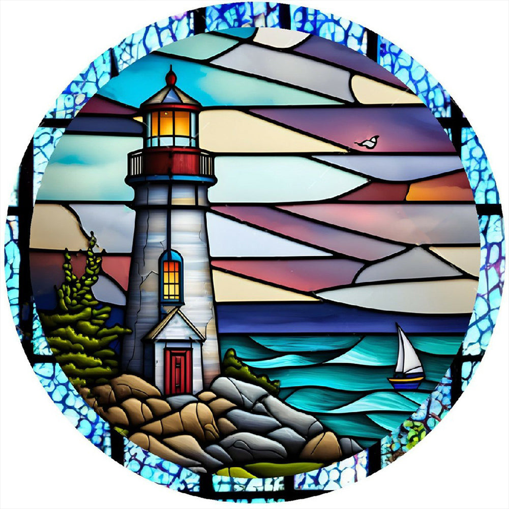 Stained Glass Lighthouse-Full Round Diamond Painting-30x30cm