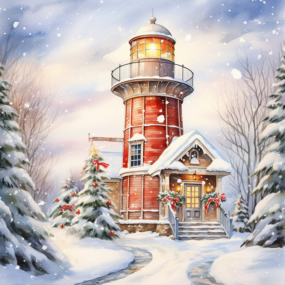 Christmas Lighthouse-Full Round Diamond Painting-30x30cm